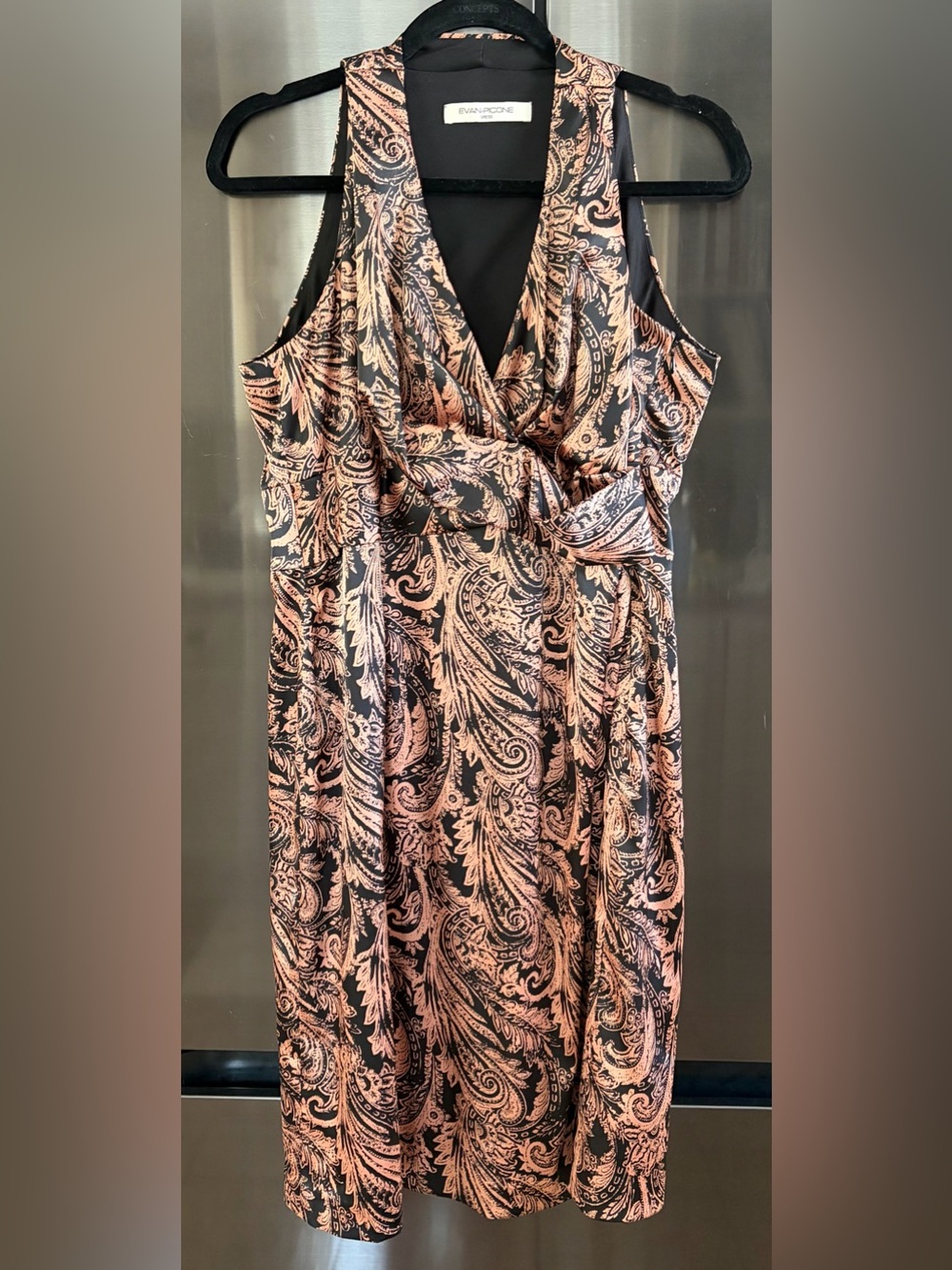 Evan Picone Black/Bronze Paisley Draped V-Neck Midi Dress Sz L EUC